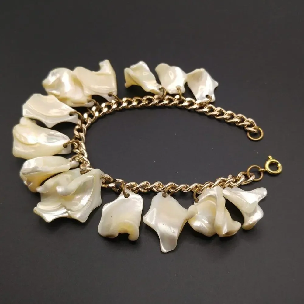 Vintage Mother of Pearl Charm Bracelet Gold Tone Dangle 1950s 8 Inch